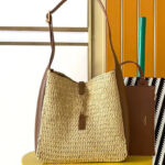 Saint Laurent Le 5 A 7 Supple Small In Raffia And Leather Coffee